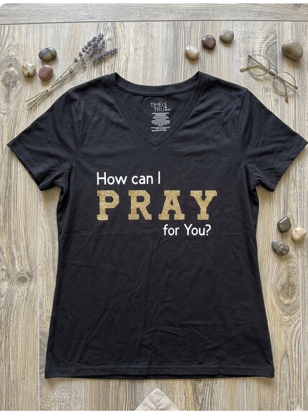 NWOT  How Can I Pray for You Black T-Shirt with Gold Glitter Short Sleeve V Neck